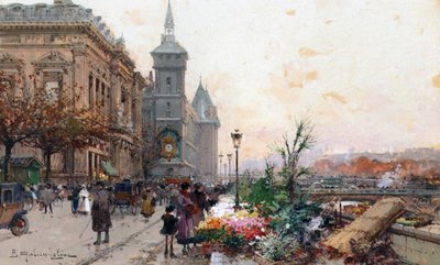 Der Blumenmarkt, Paris von Eugene Galien Laloue